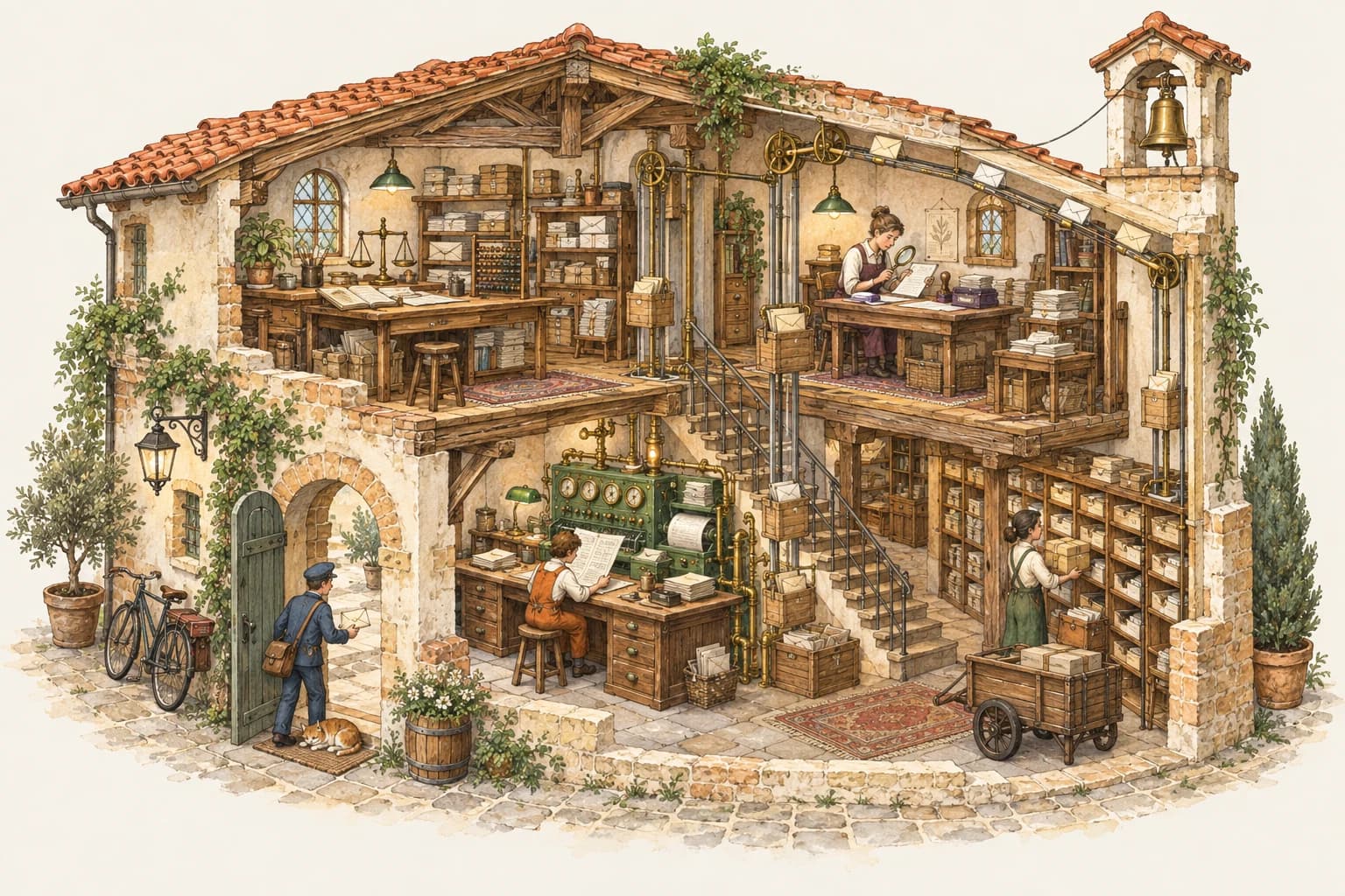 A hand-drawn workshop with an agent at a desk, an order clerk, a counting room, an inspection bench, and a bell tower. Messages travel between its rooms.